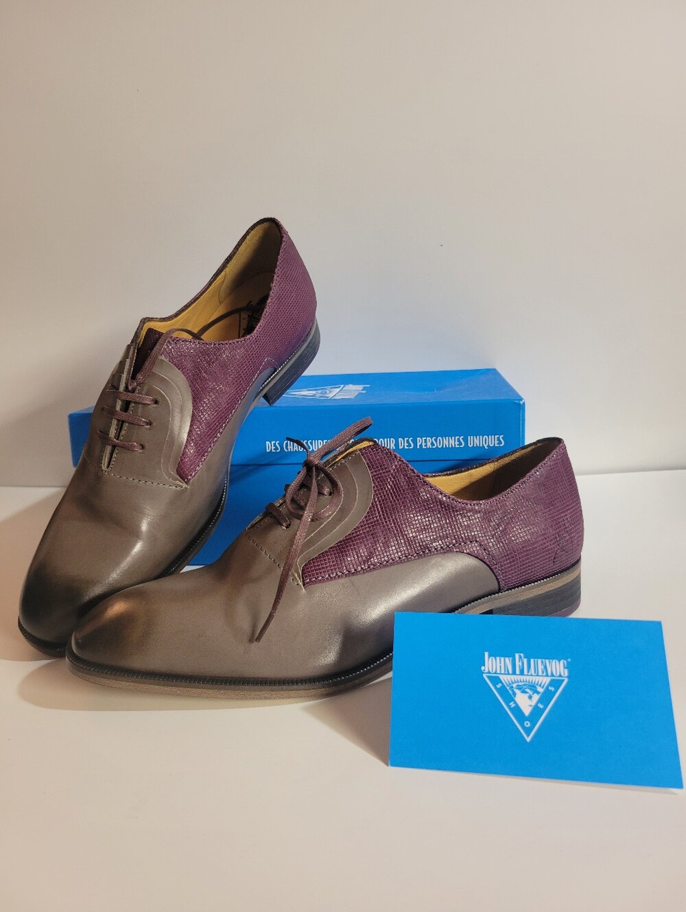 NIB - John Fluevog Istanbul Purple & Gray Leather Wingtip Oxford Shoes - Size 9